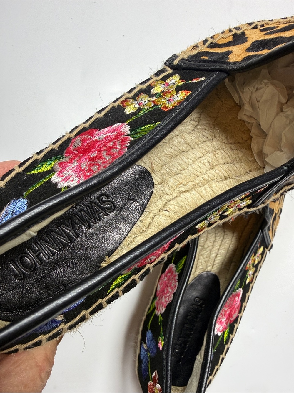 Johnny Was Garden black suede Leopard floral print Espadrilles NWOT S-559 Sz 8.5 - Picture 6 of 10